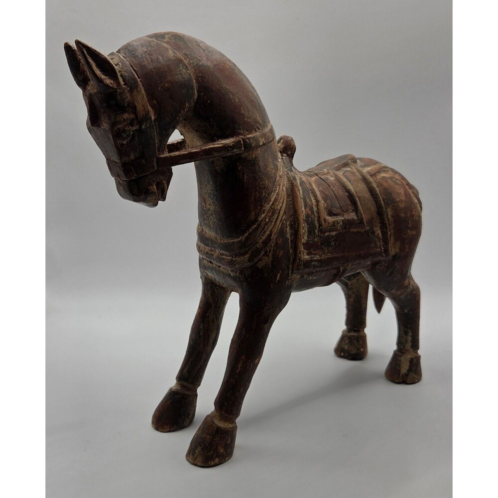 VTG 70s Indian Hand Carved Wooden Horse Statue Anatomically Correct Moving Tail